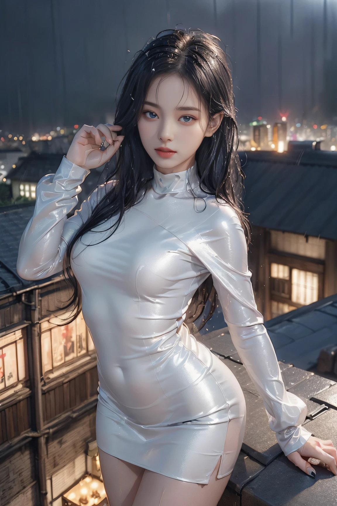 (((1人の女性: 2))), ((Beautiful girl in chrome-plated silver metallic latex mini dress:1.5)), (Turtleneck off-shoulder latex minidress:1.5), ((Rooftop of a city building with a beautiful night view:1.8)), (Cute girl at 18 years old), ((1screen)), 8K, RAW shot, top quality photo, ​masterpiece, Nice realistic photos, ((Anatomically correct proportions: 1.5)), Beautiful woman with Japan like an actress, ｛Slender body｝、small head, Detailed face, Detailed eyes, Narrow Nose, Detailed fingers, detailed arms, Detailed skin, Detailed legs, short torso, Narrow waist , Large breasts, Nipple shadow, Small buttocks, {Gravure photo shoot with bold pose:1.2}、Crotch open pose、(Heavy rain:1.6)、(Rain-soaked skin:1.5)、(Rain-soaked hair:1.5)