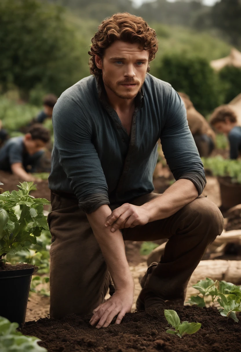 A photo of Robb helping a group of orphans plant and tend to a garden,Game of Thrones TV series,Robb Stark has curly auburn hair, blue eyes, and stubble. Famously portrayed by Richard Madden., male