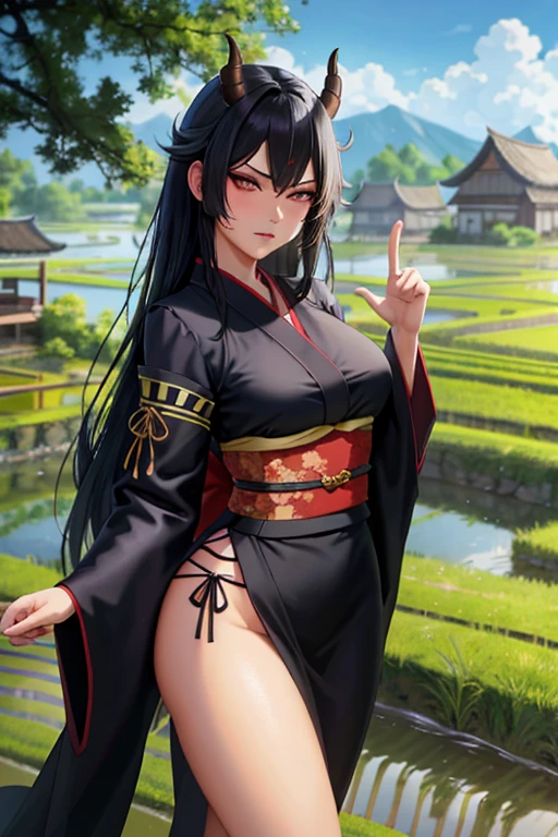 best quality, high resolution, different image, detailed background, woman, medium breasts, random wear, long black hair, next to a rice paddy, daytime, dutch angle, long throw, serious look, imposing, sensual, Oni female, pointy black horns on her forehead, wearing a peasant kimono outfit