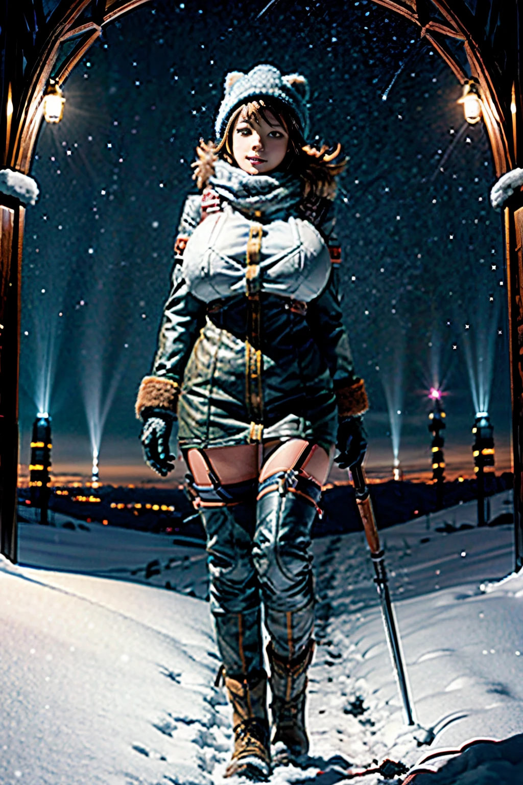 female Adventurer, photogenic pose, snowy night field, full body shot, giga-busty --ar 2:3