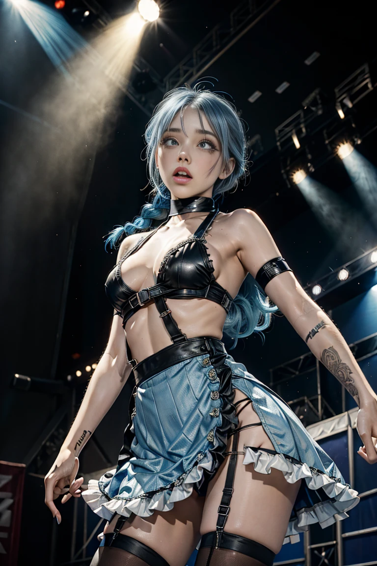 1girl, (nun:1.1), blue hair, messy hair, (braid), young female, ahegao, rolling eyes, (dancing on a stage:1.5), spread legs, black thighhighs, long pleated skirt with slits, torn clothes, (veil:1.1), bare breasts, BreastsApart, showing her face
