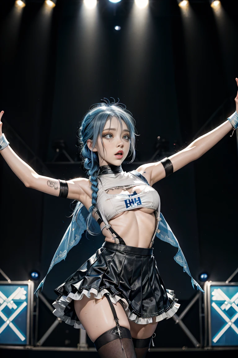 1girl, (nun:1.1), blue hair, messy hair, (braid), young female, ahegao, rolling eyes, (dancing on a stage:1.5), spread legs, black thighhighs, long pleated skirt with slits, torn clothes, (veil:1.1), bare breasts, BreastsApart, showing her face