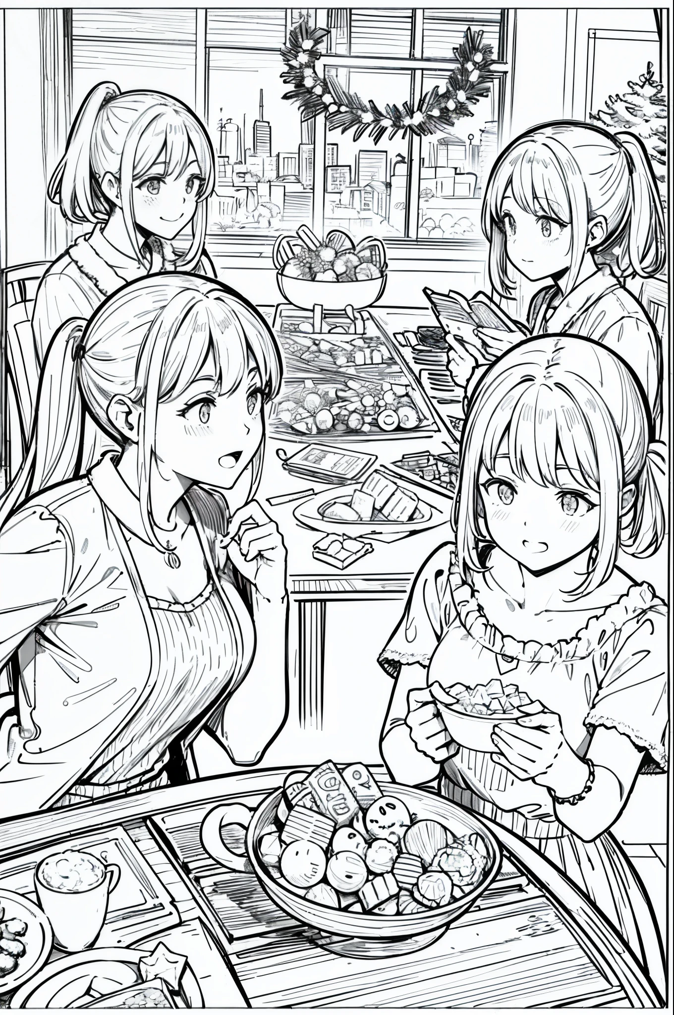 Christmas party, line art, no text, rule of thirds, harmony, fun, sketch, family fun