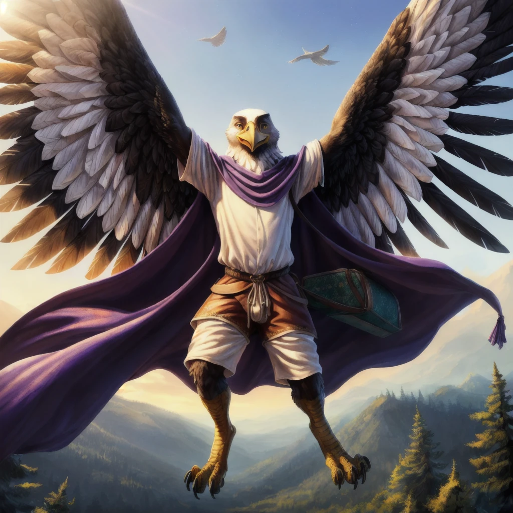 an anthro eagle flying over a forest during the day, ((nj5furry, solo, flying in air, hand above face, looking down, masterpiece, anthro, male, eagle-face, medium-length claws, black claws, slender body, three-tome feathers, detailed feathers, feathered body, feathered arms, large wings, small leather satchel)), calm expression, flying through the air pose, (gold eyes, (loose medieval white drawstring shorts: 1.4, loose medieval white shirt: 1.4, short purple cape: 1.4)), forest background, sky background, large city background, best quality,4k,8k,highres,masterpiece:1.2), ultra-detailed,(realistic,photorealistic,photo-realistic:1.37),drawn with colored pencils, richly detailed, traditional style landscapes, scenic beauty, beautifully detailed books, fine textures, soft and vibrant colors, sunlit atmosphere, tranquil and peaceful ambiance, impressionistic brush strokes, focus on foreground and background, depth and perspective, ethereal lighting effects, close-up flying camera angle