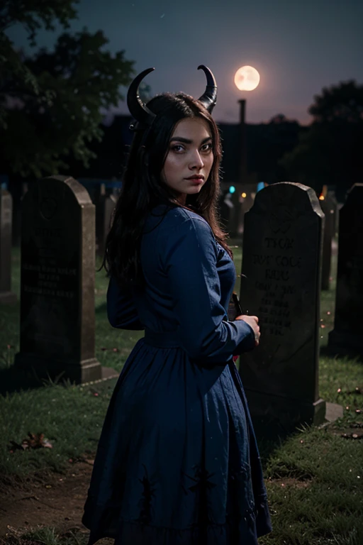 latina girl, wearning blue dress, red eyes, horns, looking like witch, horror background of graveyard, night, full photo, ultra realistic, 8k