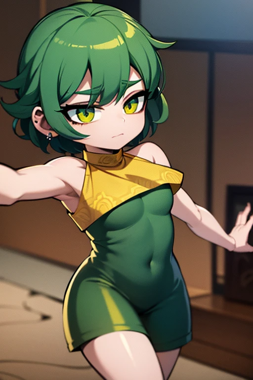 An emerald haired female alien with golden reptilian eyes and purple scales along her jawline with an hourglass figure and short hair has golden piercings along the edge of her pointed ears. . She is wearing a fancy gold gown in a party