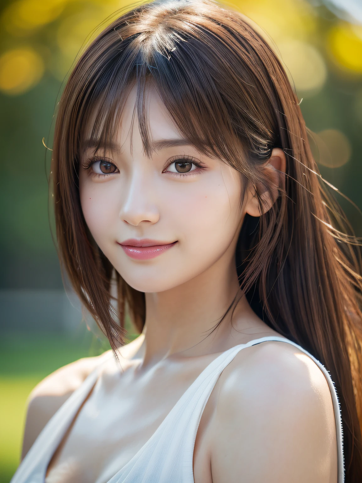 8K UHD,Raw photo,japanese beauty girl,(Real person:1.3),(hight resolution:1.4),(Detailed:1.5),(Realistic:1.7),
​masterpiece,Raw photo,Art Portrait Photography,Real person,Raw foto,超A high resolution,Photorealistic,Best Quality,(High detailed skin,Skin Details),Visible Pore,Shiny skin,masutepiece,credibly_absurderes,finely detail,colorized, extremely delicate and beautiful,Very detailed 8k wallpaper,8K High Quality,Film grain,beautiful girl with beautiful details,(Looking at Viewer),professional photography lighting,extremely detailed eye and face, Eyes with beautiful details,analog style,Pay close attention to detail,blush,Cute and playful,Adorable,Medium Hair, hair messy,asymmetrical bangs,Brown-haired mole,(Brilliant and colorful:1.1),Straight teeth,Smile,