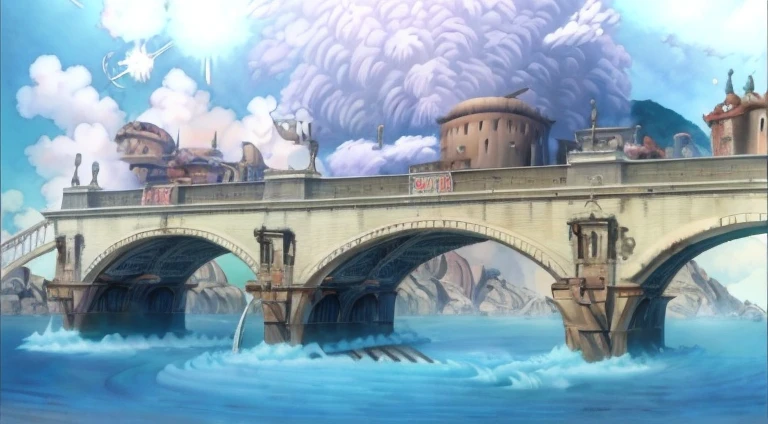 There is a painting of a train on a bridge, attack on titan scenery, (attack on titan animation), Screenshot of the animated movie, Rio de Janeiro in an animated film, anime backgrounds, Screenshots from the 2012 animation, beautiful anime scenes, anime scene, Anime beautiful peaceful scene, Chino's journey, anime movie screenshot, from attack on titan
