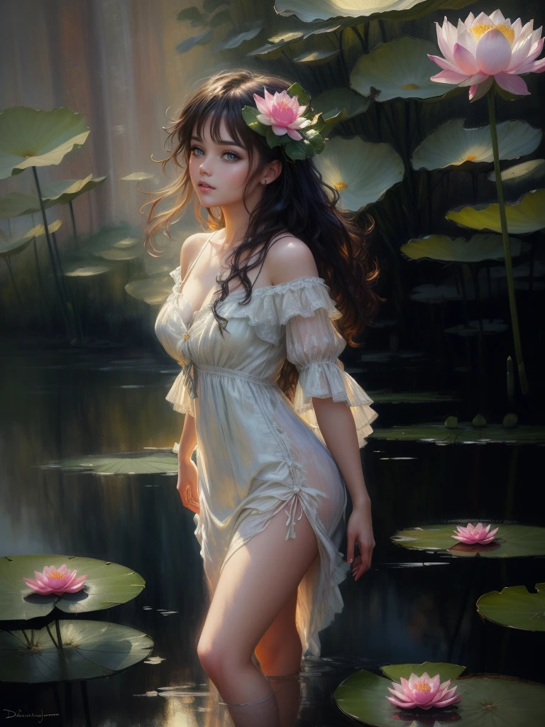 oil painting, brush strokes, paint splashes, colorful, masterpiece, best quality, ultra detailed wallpaper, 1 beautiful fairy, white semitransparent shotrt dress, blue bush of hair, she stands on a lotus flower, surreal dreams lotus field in the backgroung, surreal dreamscape, (best quality,4k,8k,highres,masterpiece:1.2),ultra-detailed, portrait, painting by Daniel Gerhartz, Bryce CAMERON LISTON, Monet, expressive pose, studio lighting,vibrant colors,dramatic lighting,contrast, , Meticulous details, intricate details