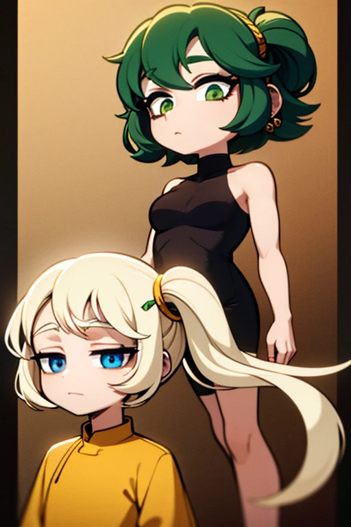 An emerald haired female alien with golden reptilian eyes and purple scales along her jawline with an hourglass figure and short hair has golden piercings along the edge of her pointed ears. . She is wearing a fancy gold gown in a party