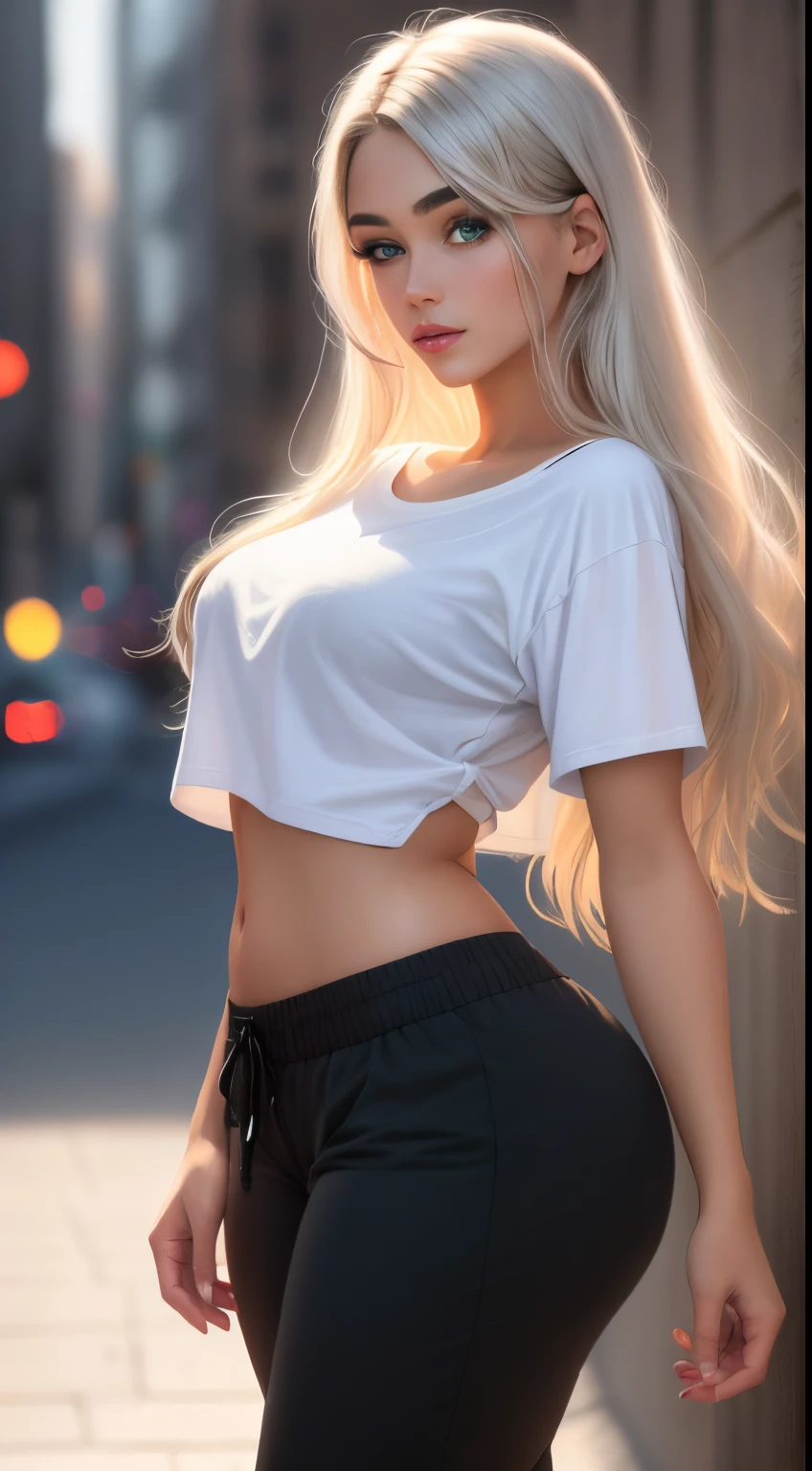 1 girl named Sarah with long blonde gray hair, dyed loose hair, Long hairstyle, perfect detailed face, Detailed symmetrical green eyes with a round iris, Beautiful, Walking and posing, look at the observer, 19-year-old girl, looks like Madison Beer, extremely detailed face, Model, Realistic, Real life, perfect photorealistic picture, Realistic, Curvy Body, hourglass figure, Stunning realistic photography, Detailed fingers, detailed realistic face, Cuddly fingers, real human nails, Extremely attractive girl, perfect detailed tan, small eyes, perfectly detailed face with realistic complexion and fine-pore skin, small nose, Model, Perfect posture, Natural limbs, long legs, detailed symmetrical eyeballs, symmetric eyes, Realistic eyeballs, Realistic detailed eyes, cute plump closed lips, makeup, no long neck, no long waist, Perfect proportional body, seductive gaze, Looking in the direction of the viewer, Fascinating facial features, ah high, two arms, Two legs, one head, tiny breasts, realistic natural bodies, realistic shadows, Mystical Illumination, 8K, UHD, ((body facing the viewer, pointing to the camera)), "wide-angle", Full-body shot, full pose, photo studio white background, seduce a little, Cinematic world, Cover photo centered Hipereallistic, Stunning full-color, Cinematic, neoprene, behance contest winner, portraite of a, presented at UnsplasH, stylized digital art, Smooth, extra high resolution, Wearing an oversized white T-shirt and black Acronym J36-S sweatpants. (T-shirt only white), black and white sneakers, instagram model, 80mm , Urban streetwear , Realistic,round ass