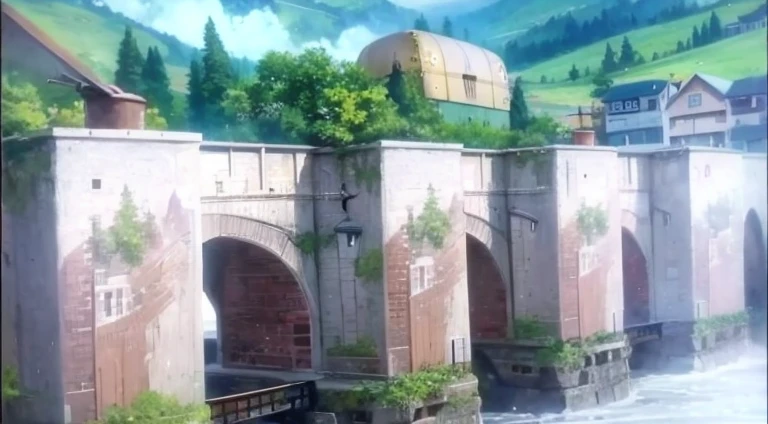 Painting of a covered carriage on a bridge over a river, Screenshot of the animated movie, Screenshots from the 2012 animation, attack on titan scenery, Anime countryside landscape, beautiful anime scenes, anime yulu camp, Anime landscapes, Anime landscape concept art, anime scene, in the anime film, anime backgrounds, Still from TV animation, Anime background art