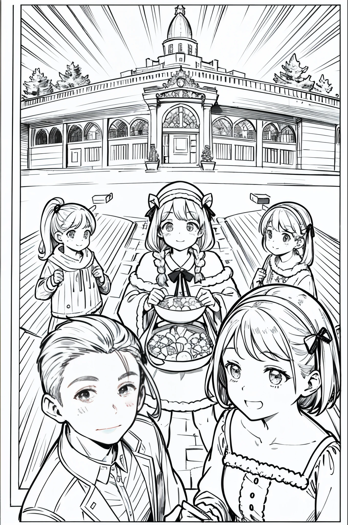 Christmas party, line art, no text, rule of thirds, harmony, fun, sketch, family fun