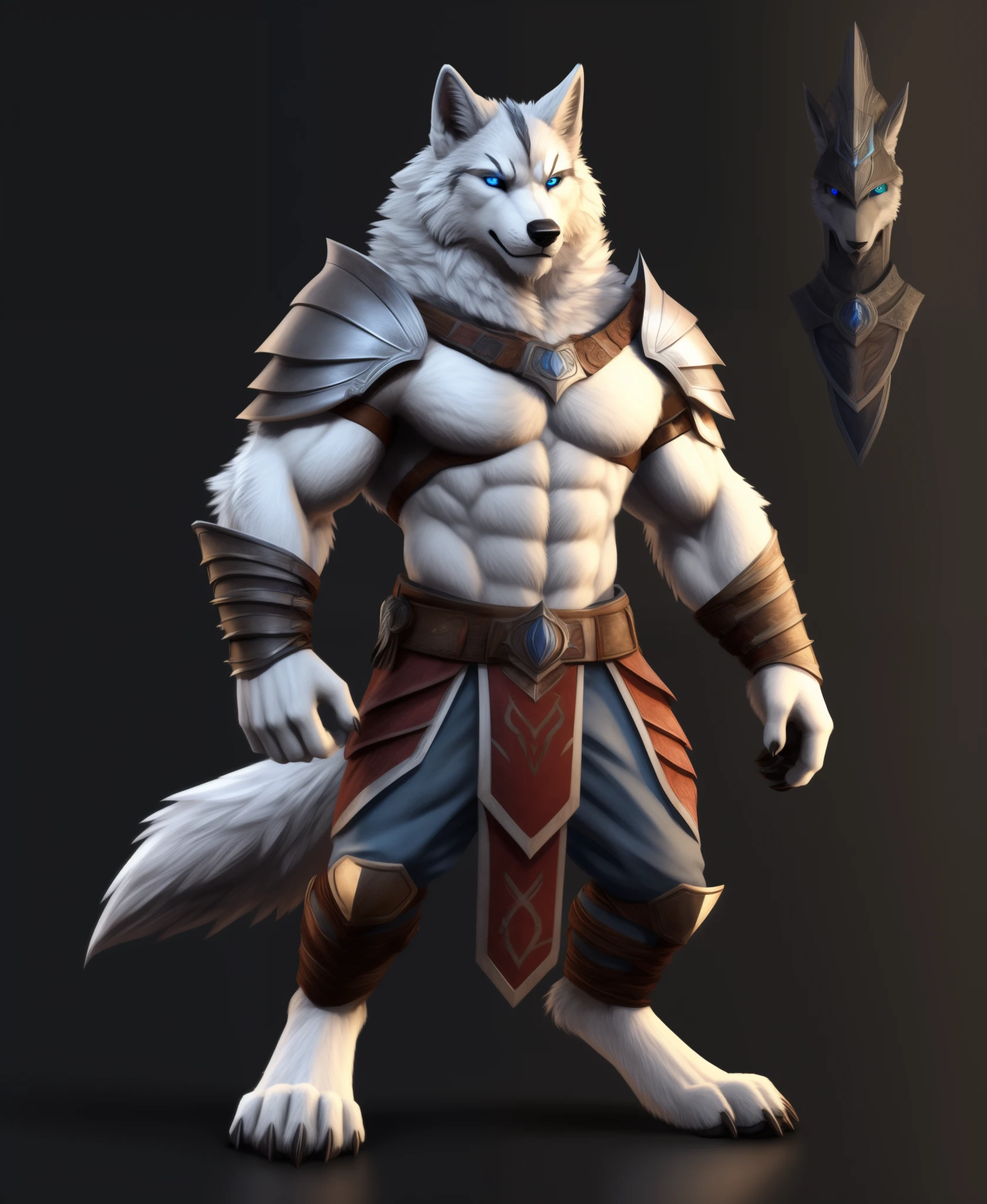 (character_design), concept art, model sheet, anthro, canid, mammal, canine, solo, armor, male, wolf, fur, claws, canis, hi res, standing, fingers, blue eyes, muscular anthro, muscular, were, clothing, muscular male, werecanid, 5 fingers, white body, digital media (artwork), simple background, white fur, black nose, grey body, front view, biped, pauldron, grey fur