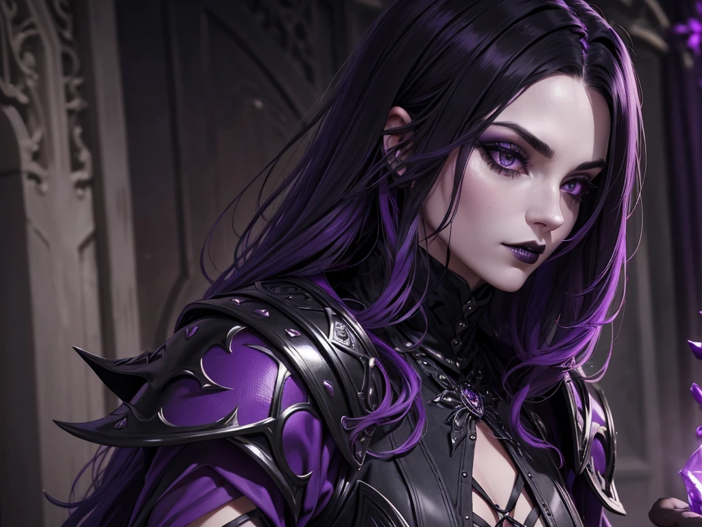 An adult vampire wizard character wearing a very detailed and beautiful gothic armor in black and purple color. Seu cabelo com corte em estilo curto, black lip color, cor roxa dos olhos;, manto, capuz, caminhando, 8k, Magnificent, Black and purple Gothic armor, capa