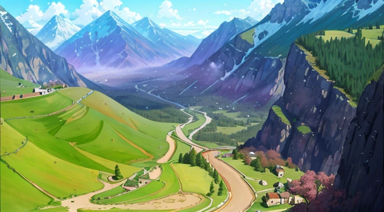 Mountain landscape painting with winding road in foreground, Anime countryside landscape, beautiful anime scenery, Anime landscapes, anime backgrounds, Anime landscapes, Anime beautiful peaceful scene, anime movie backgrounds, beautiful anime scenes, anime landscape wallpapers, Anime background art, Mountain tickets, anime scene, Colorful anime movie background, Anime Nature, Anime landscape concept art, Produced by Anime Painter Studio