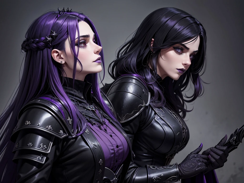 An adult vampire wizard character wearing a very detailed and beautiful gothic armor in black and purple color. Seu cabelo com corte em estilo curto, black lip color, cor roxa dos olhos;, manto, capuz, caminhando, 8k, Magnificent, Black and purple Gothic armor, capa