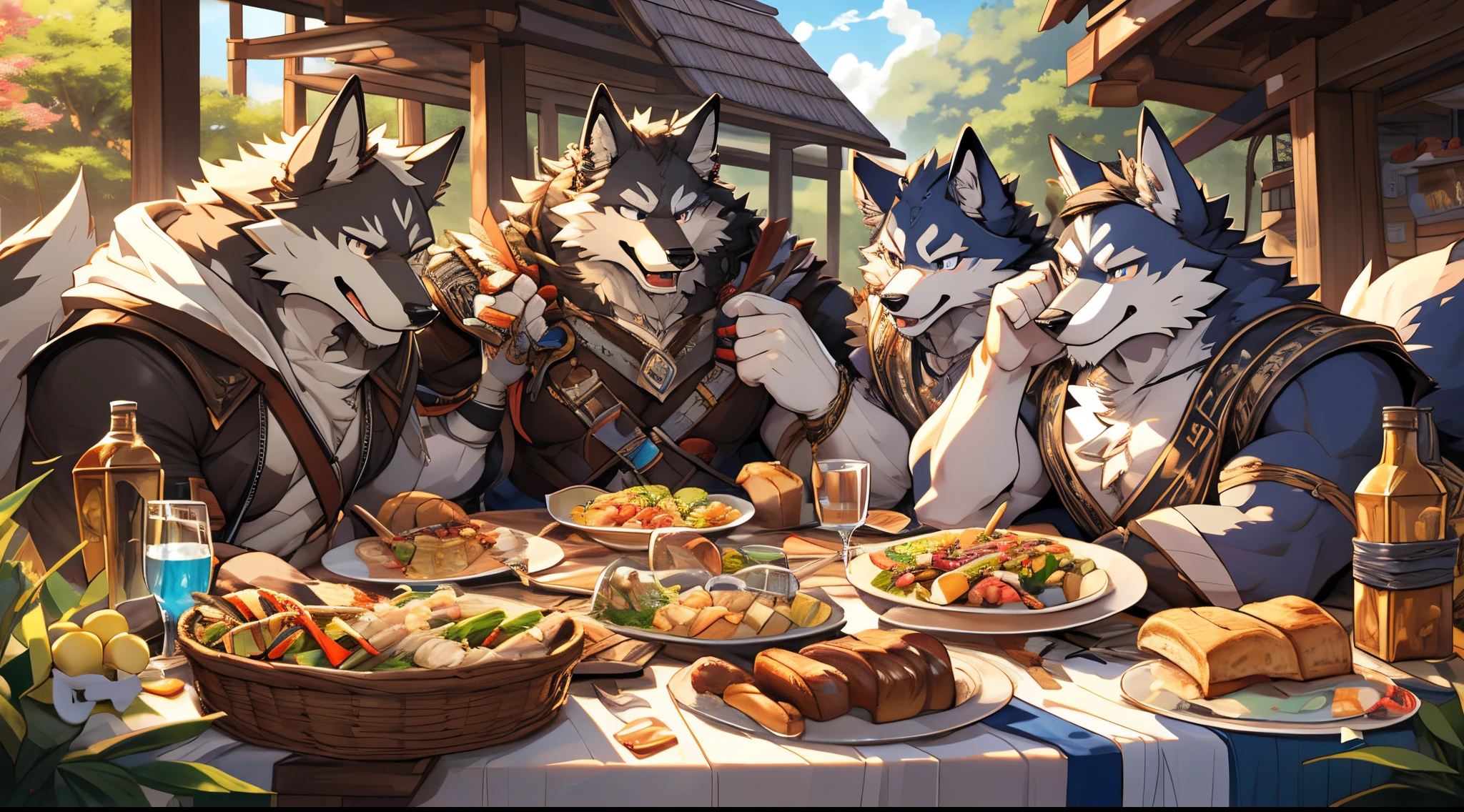 dynamic pose, absurdres(highly detailed beautiful face and eyes)perfect anatomy, (ultra detailed), sharp focus, niji, eyesgod, black eye, furry, white beard, anthro (wolf), male, middle-aged, white belly, muscular, adventure costume, high quality illustrations, detailed background, picnic party, sitting on the ground, eating the food, group shot, 6+boys, Happy, joyful, (Photos taken with friends), (best quality), (masterpiece), high details, award winning, highres, HD, 16k, (close up:1.5)