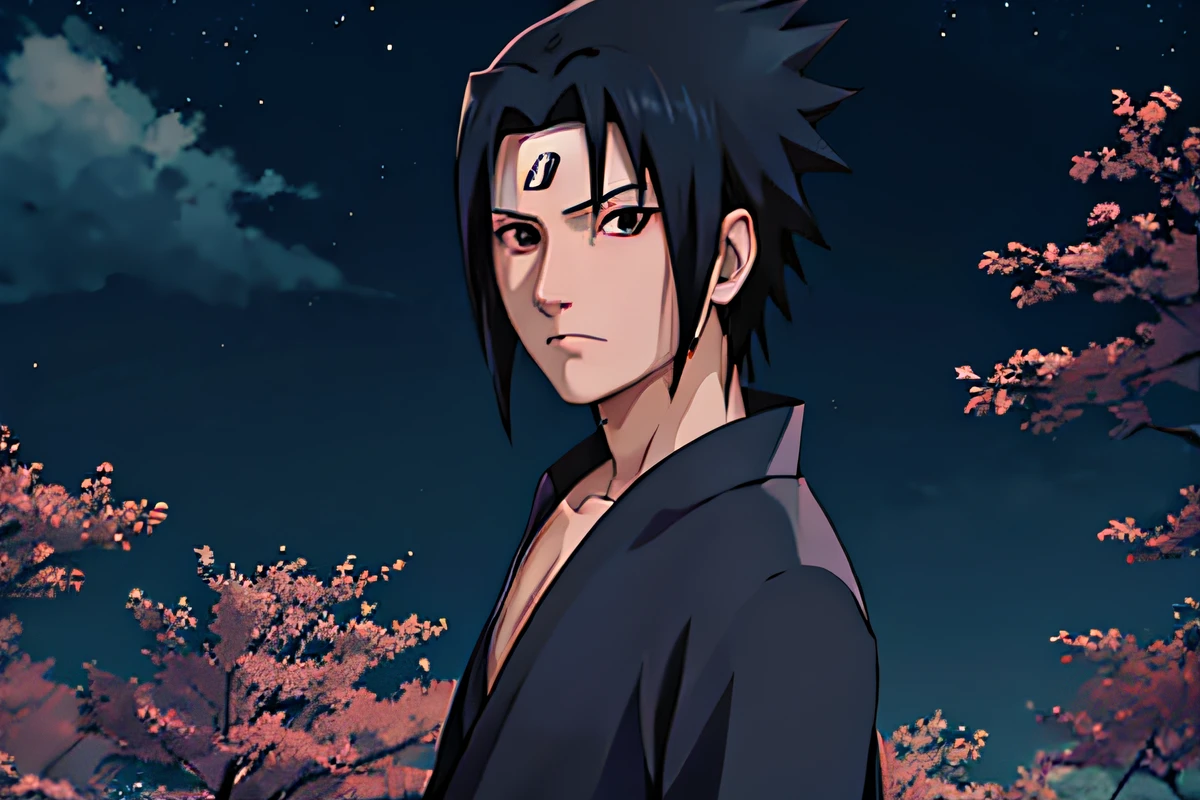 uchiha sasuke, Naruto, estilo anime, Synthwave, corpo inteiro, 8k, altamente detalhado, Roupas extremamente detalhadas,sorriso bonito,Olhando para o espectador,Standstill,standingn,belo jardim no fundo