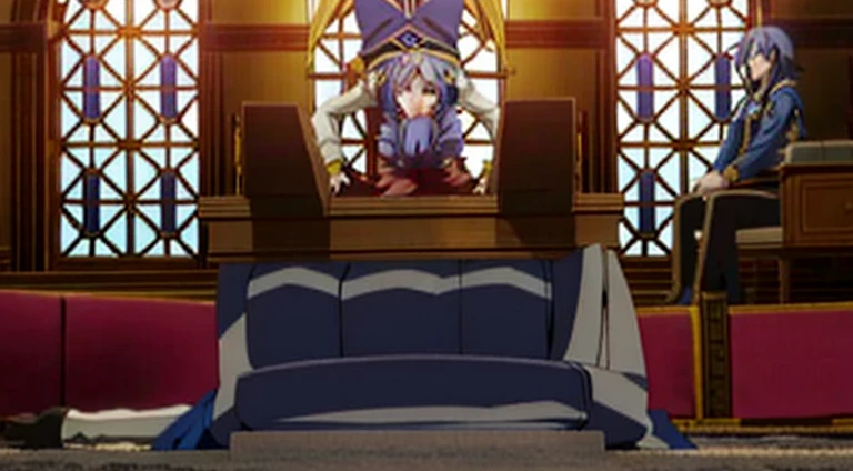 anime scene of a castle，A woman and a man stand at the window, konosuba, konosuba anime style, in the throne room, Popular isekai anime, off-world, An ahoge stood upside down on her head, Still from TV animation, Today’s recommended anime is still, Sao style anime, reincarnated as a slime