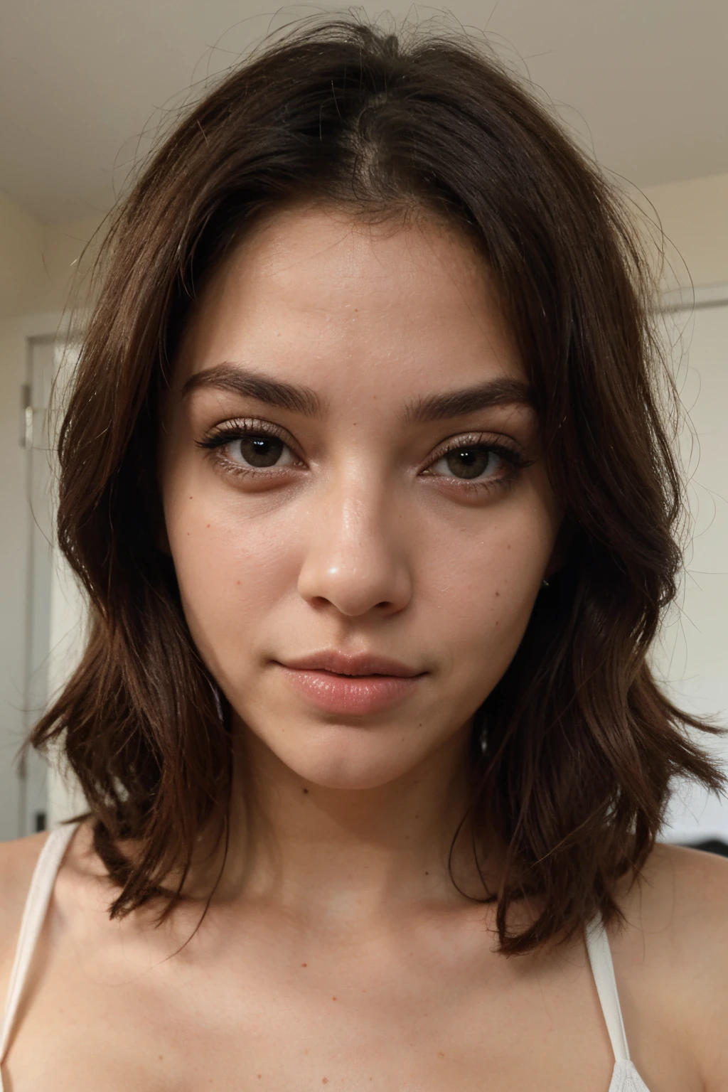 Uma mulher brasileira , morena clara , olhos castanhos, fleshy lips ,cabelo cacheado.