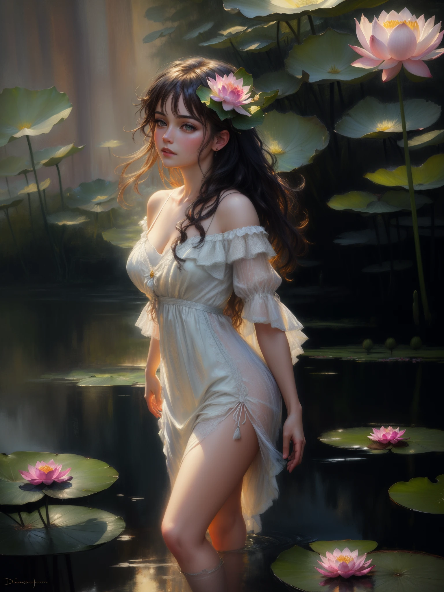 oil painting, brush strokes, paint splashes, colorful, masterpiece, best quality, ultra detailed wallpaper, 1 beautiful fairy, white semitransparent shotrt dress, blue bush of hair, she stands on a lotus flower, surreal dreams lotus field in the backgroung, surreal dreamscape, (best quality,4k,8k,highres,masterpiece:1.2),ultra-detailed, portrait, painting by Daniel Gerhartz, Bryce CAMERON LISTON, Monet, expressive pose, studio lighting,vibrant colors,dramatic lighting,contrast, , Meticulous details, intricate details