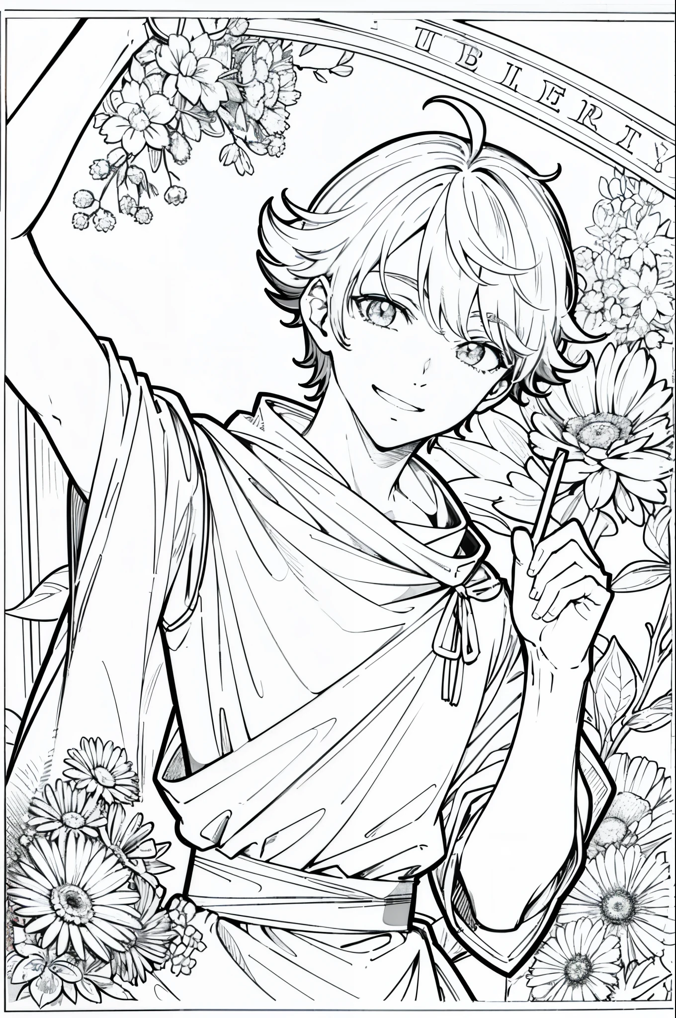 obra prima, superlativo,joker jovem bonito, macho , somente, Dia das Bruxas bonito , fundo do desenho da linha da flor, fundo branco, monocromatic, Desenho de linhas, ((esquete)), assustador, Gato branco com olhos brancos, Olhos brancos