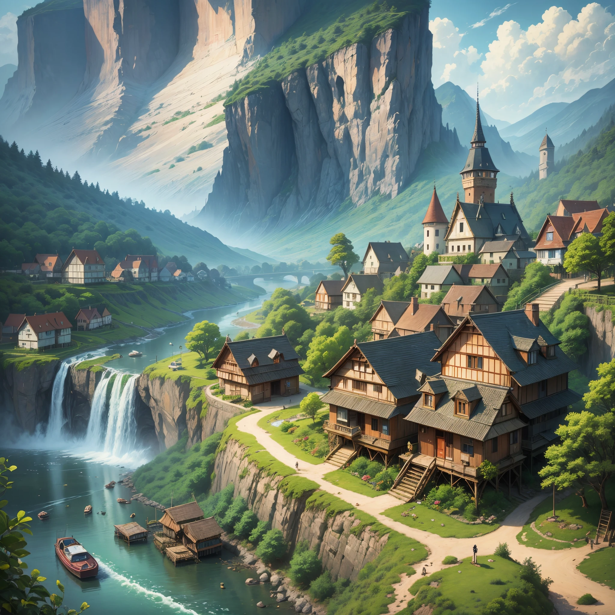 Ghibli animation, Miyazaki art, intricate details, vibrant colours,4k resolution, cinematic,a village with river, civilization, water falls,some houses etc. --auto --s2
