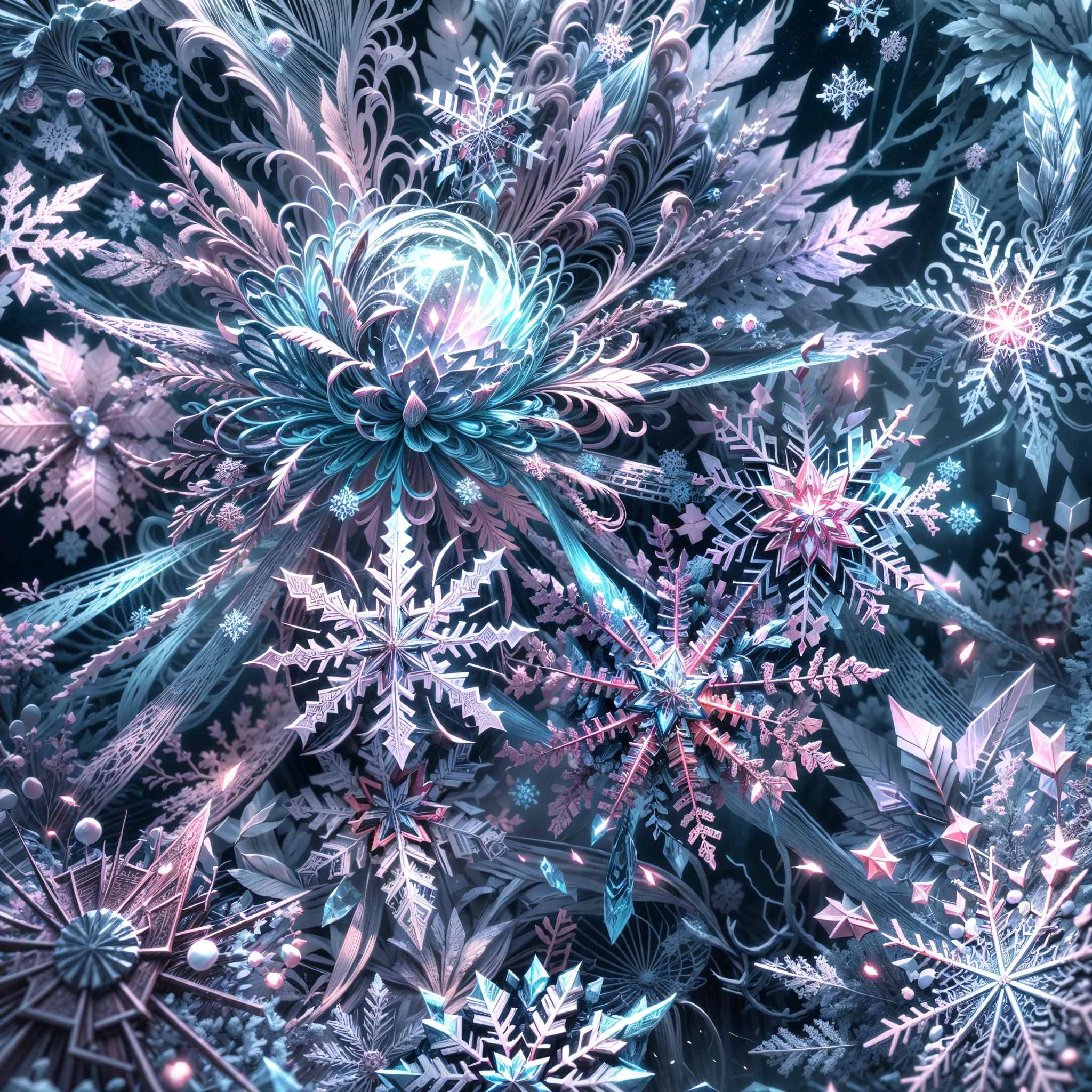 (best quality,4k,8k,highres,masterpiece:1.2),ultra-detailed[detailed] snowflakes, abstract chaos element, vibrant colors, intricate patterns, mesmerizing fractals, glossy finish, high contrast, unique shapes, sparkling textures, dynamic composition, surreal atmosphere, dreamlike scenery, delicate crystal formations, ethereal beauty, frozen motion, otherworldly aesthetics, captivating intricacy, icy elegance, harmonious chaos, mystical allure