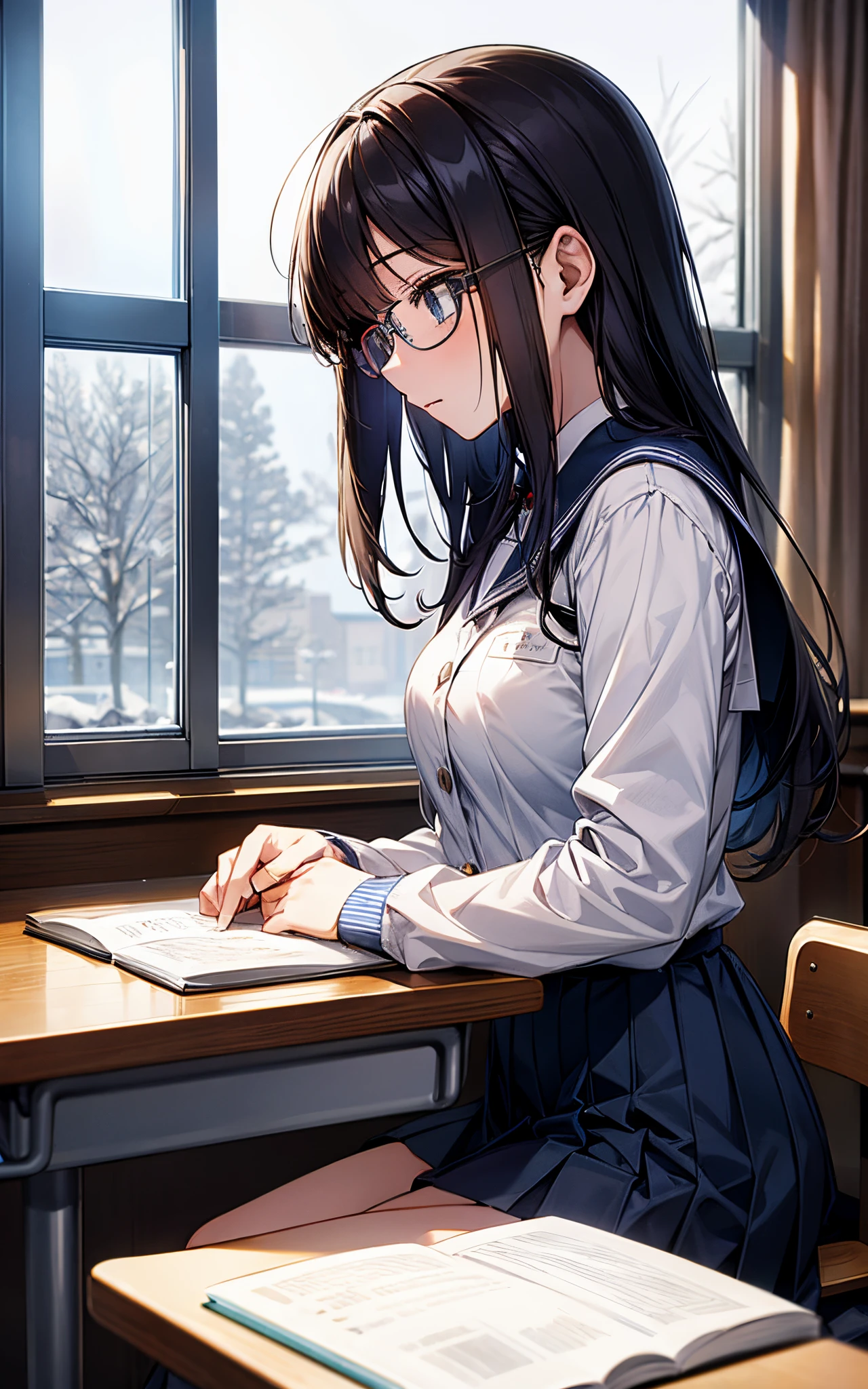 She wears glasses and wears a high school uniform.、Studying in the classroom、There&#39;s a snowy landscape outside the window、approach the profile