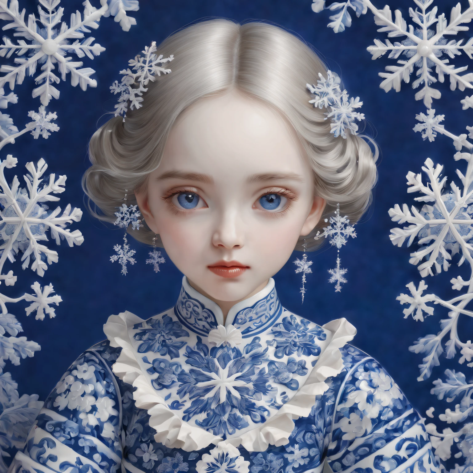 Best quality at best,4K,8K,A high resolution,tmasterpiece:1.2,ultra - detailed,actual:1.37,sportrait,Beautiful snowflake pattern,Blue and white porcelain, closeup cleavage, Sophisticated AND Intricate Details, Traditional craftsmanship, vivd colour, shiny glaze, fine brushwork, Refined artistry, with glossy finish, Studio lighting