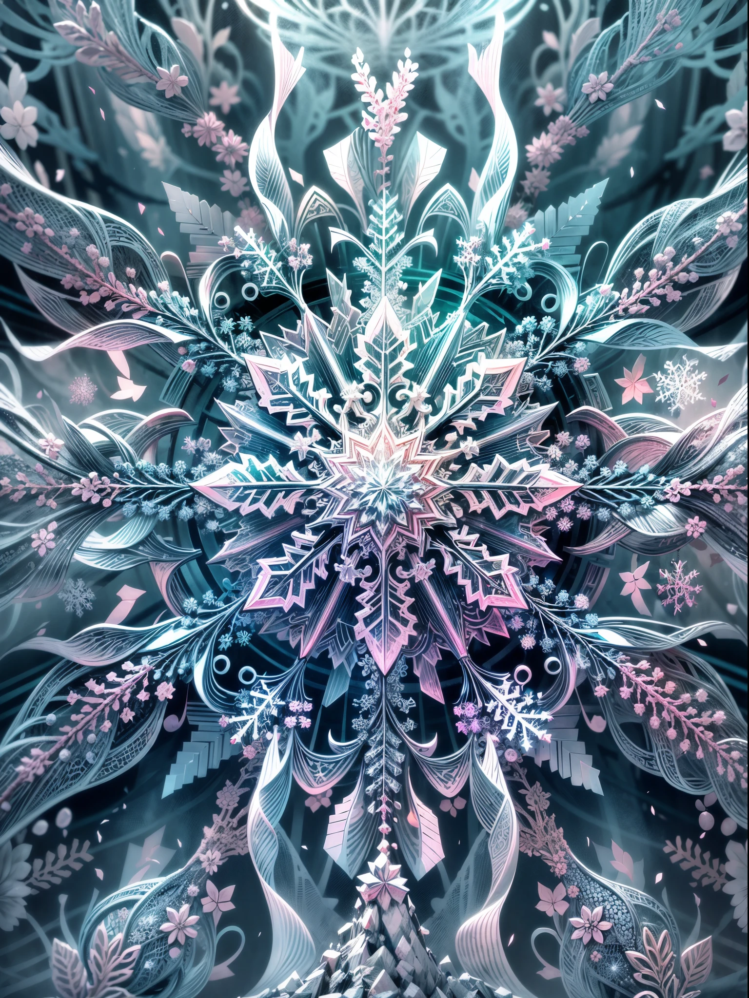 (best quality,4k,8k,highres,masterpiece:1.2),ultra-detailed[detailed] snowflakes, abstract chaos element, vibrant colors, intricate patterns, mesmerizing fractals, glossy finish, high contrast, unique shapes, sparkling textures, dynamic composition, surreal atmosphere, dreamlike scenery, delicate crystal formations, ethereal beauty, frozen motion, otherworldly aesthetics, captivating intricacy, icy elegance, harmonious chaos, mystical allure