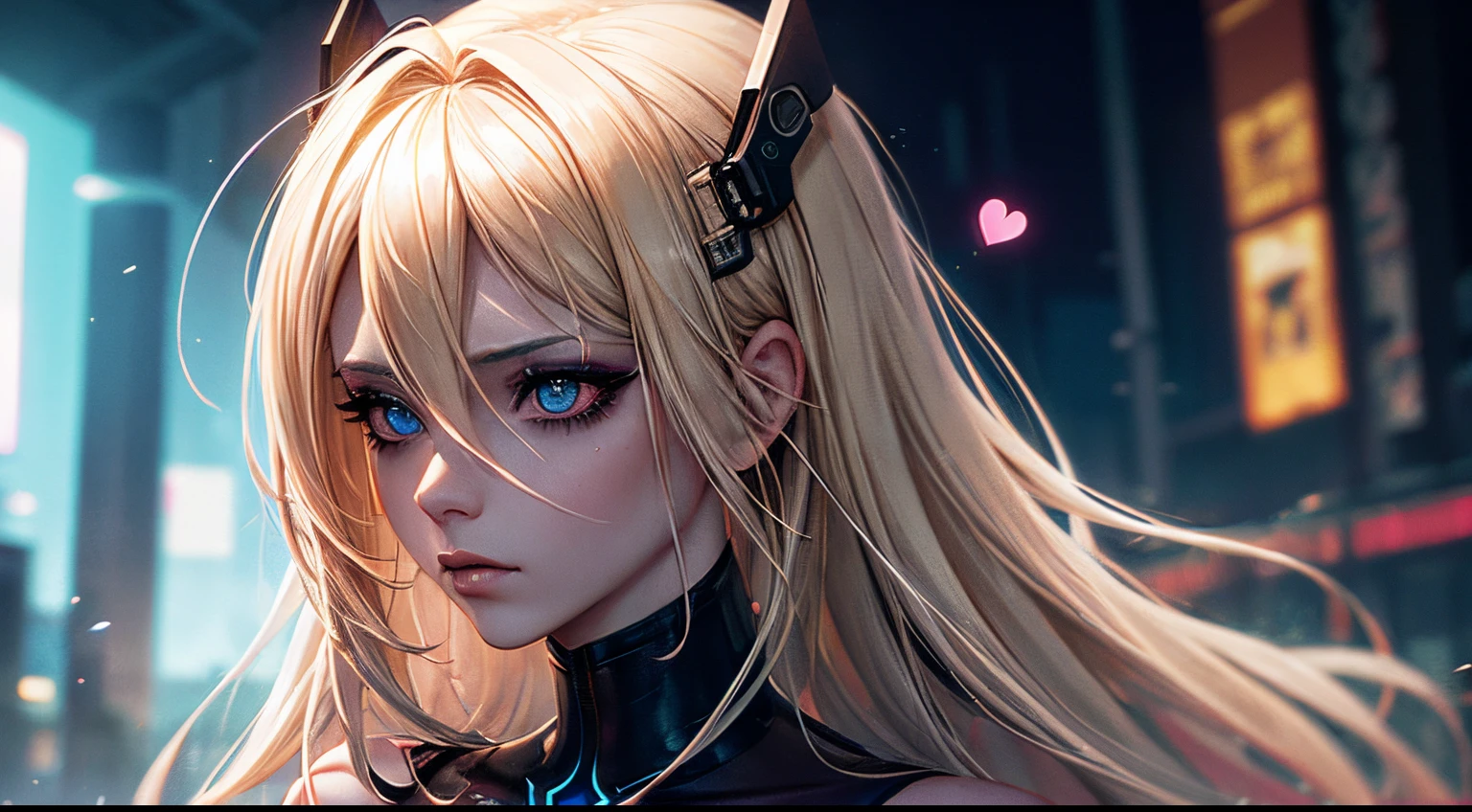 A beautiful and sweet cyberpunk blonde, a digital painting of a woman with Love Makeup with arrows, Heart-shaped makeup, cgsociety, gothic art, dystopian art, detailed painting, behance hd, figurative art, anime aesthetic, deep photography, Ilford HP5 film, crushed blacks, depth of field, dark photo, film grain, shadows, natural light