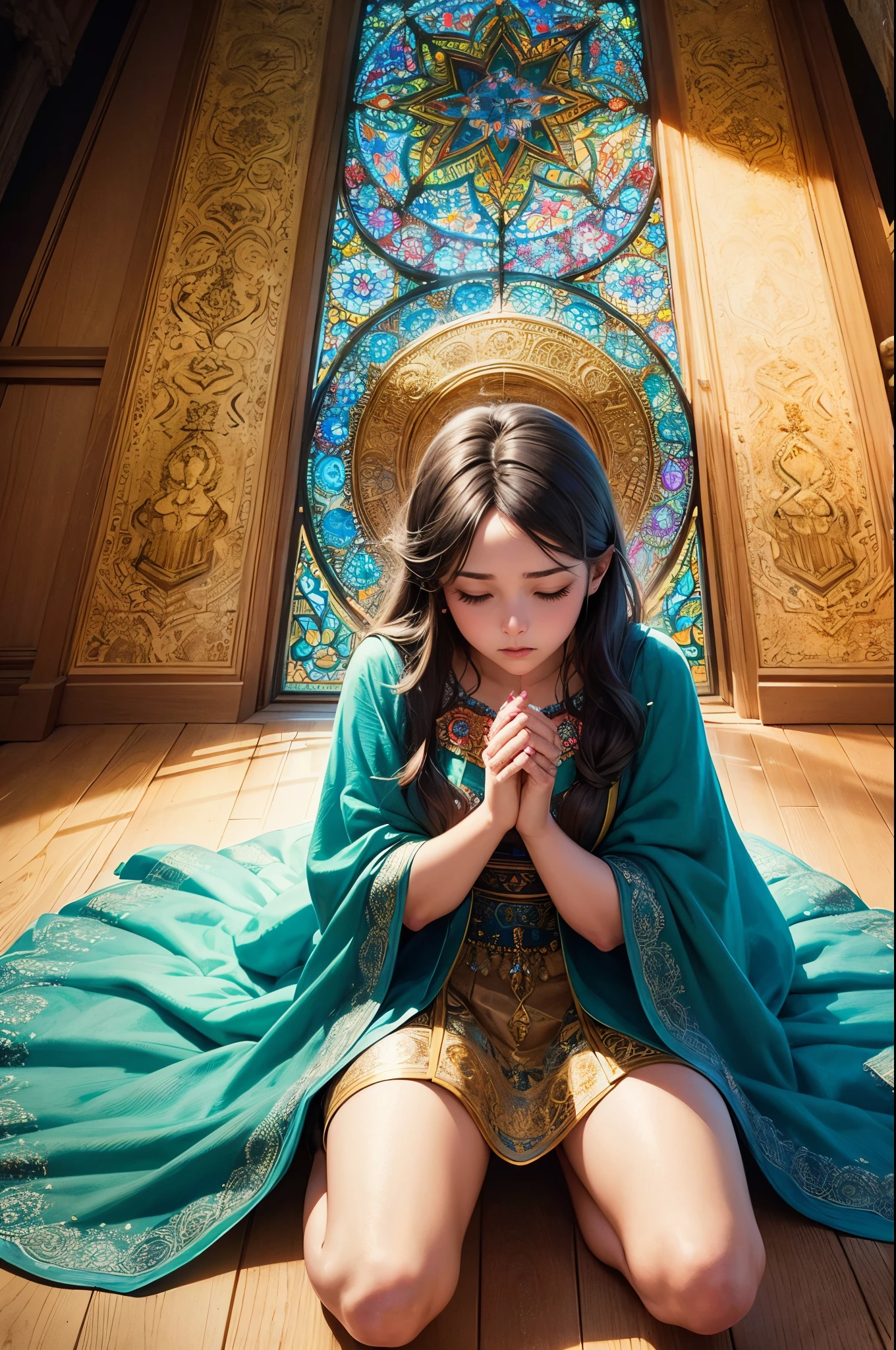 (masterpiece, top quality, best quality,official art, beautiful and aesthetic:1.2),(1girl:1.3), 1girl BREAK stained glass art, colored glass, lead lines, light transmission BREAK vibrant colors, intricate designs, luminous effects, spiritual ambiance, kneeling, eyes closed, praying hands, from above