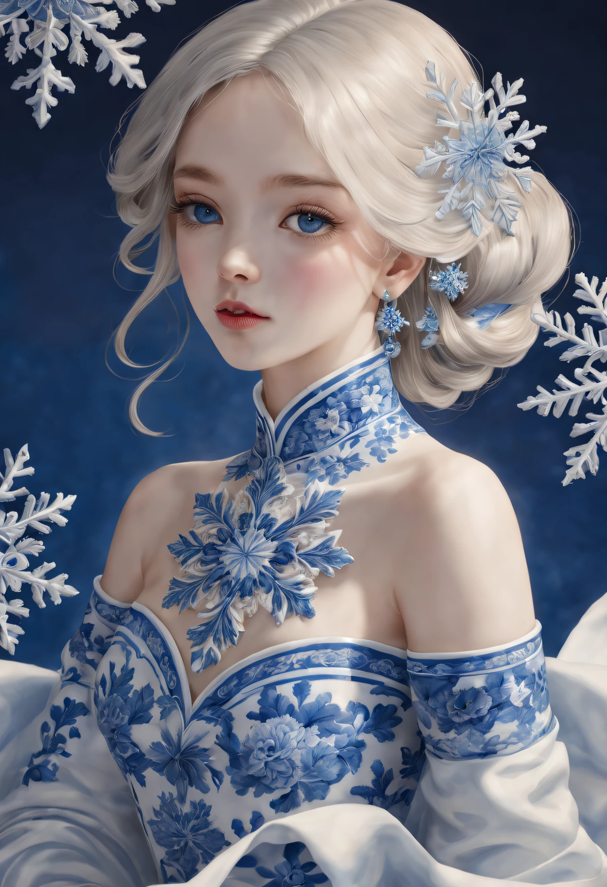 Best quality at best,4K,8K,A high resolution,tmasterpiece:1.2,ultra - detailed,actual:1.37,sportrait,Beautiful snowflake pattern,Blue and white porcelain, closeup cleavage, Sophisticated AND Intricate Details, Traditional craftsmanship, vivd colour, shiny glaze, fine brushwork, Refined artistry, with glossy finish, Studio lighting