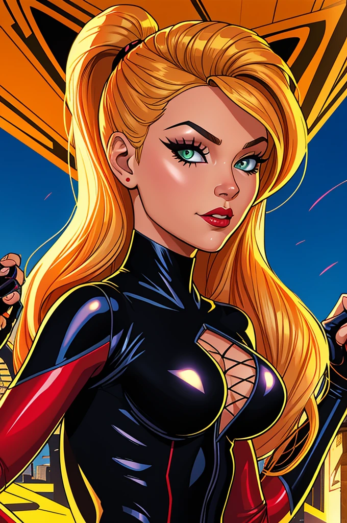 a cartoon of a woman in a black widow outfit and blonde hair, j. Scott Campbell, J. Scott Campbell,  gato atraente, personagem de quadrinhos, Vilania, Retrato de corpo inteiro de Gwen Stacy, Black Widow, comic character, black canary, meninato, Design de personagens de quadrinhos dos anos 90, gatinha, wearing a black catsuit, inspired by José Comas Quesada, inspirado em J. Scott Campbell, estilo quadrinhos, lineart, vetor, contorno preto