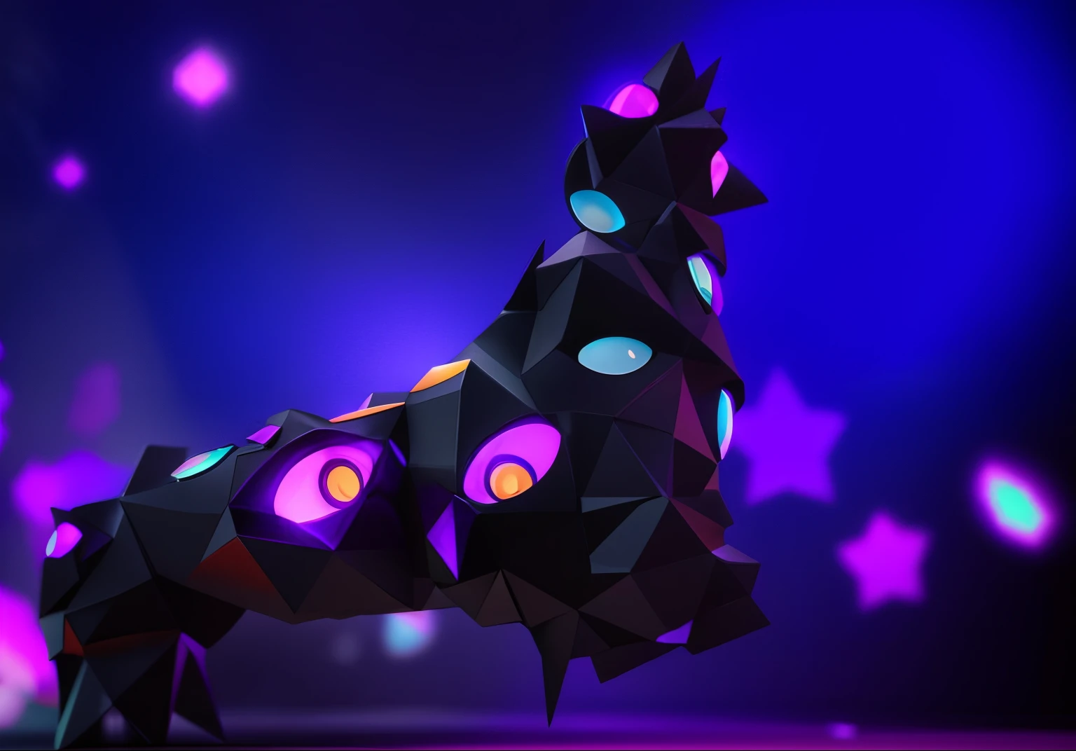 defirmed a black void aberration with colorful eyes on it, lowpoly:1.3 , polygonal edges stylized as a 3d render, epic concept art. bokeh, lights, rim light
