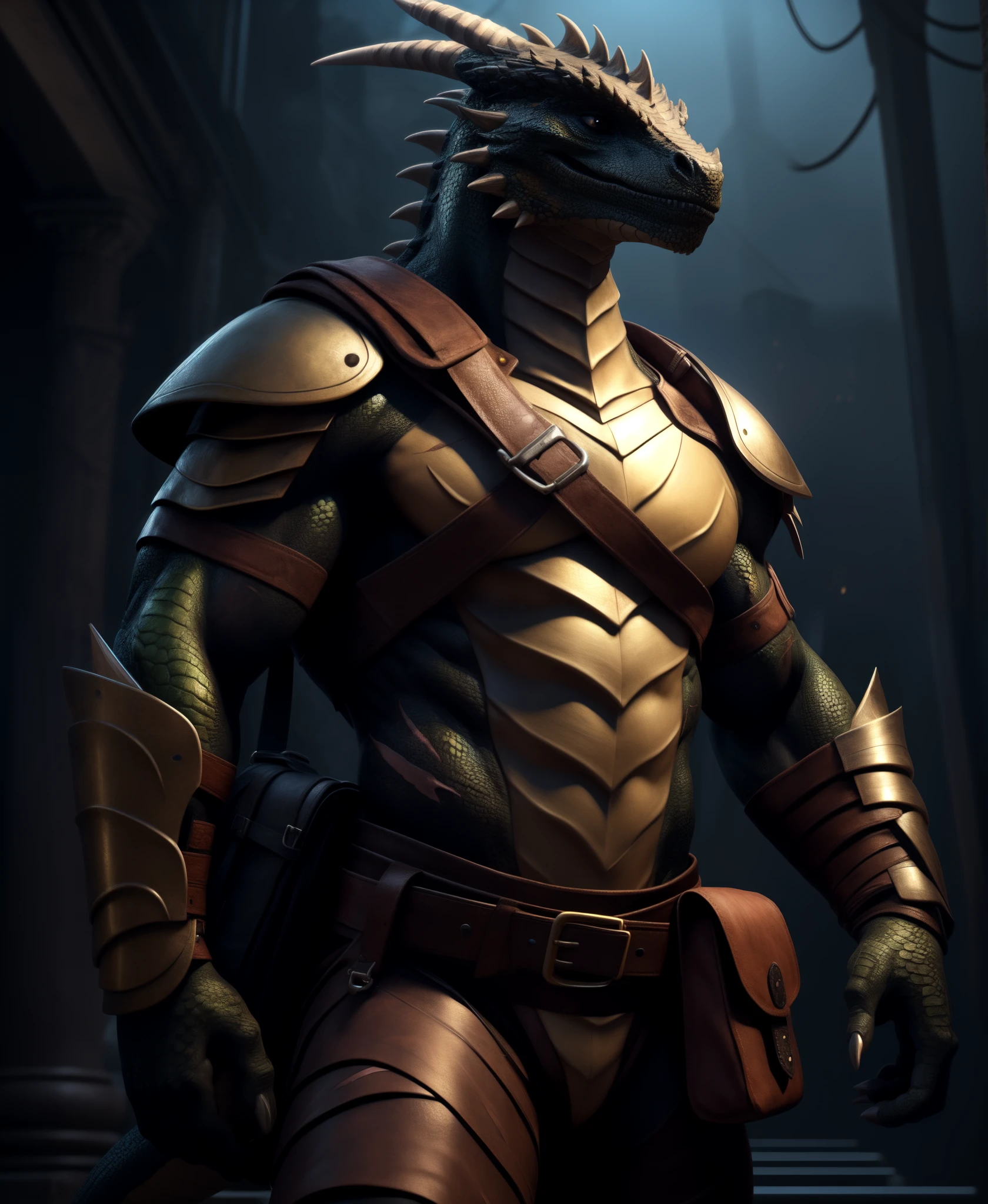 A dragon lizard man, female, illustration, (best quality, 4k, highres, masterpiece:1.2), ultra-detailed, realistic, horror, sharp focus, vivid colors, abs, light armor, black body with scales, black eyes, in motion, belts with pouches and bag, scars