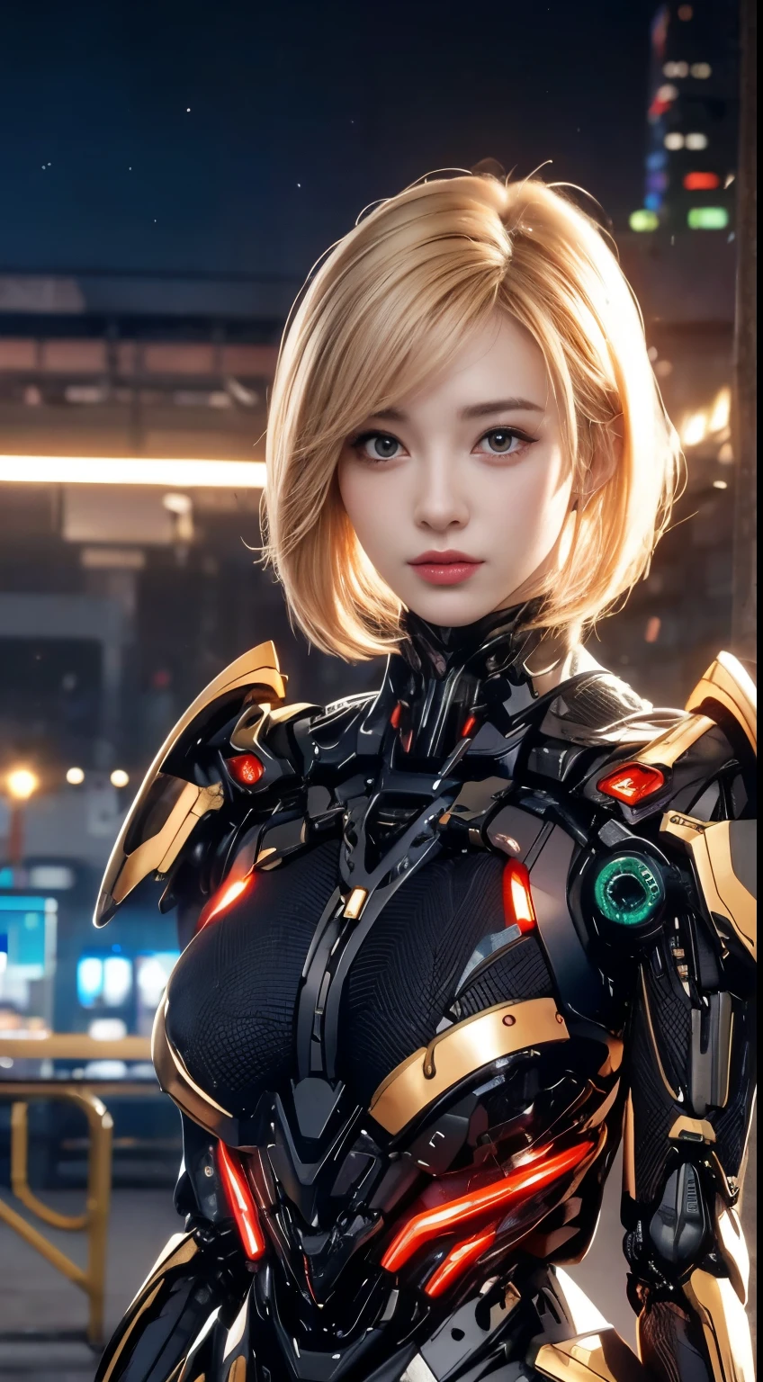 (1 Mechanical Girl)、top-quality、​masterpiece、超A high resolution、(Photorealsitic:1.4)、Raw photo、女の子1人、Golden hair、glowy skin、(((1 Mechanical Girl)))、（LED Lamp Mechanical Helmet）、(Small LED)、((super realistic details))、portlate、globalillumination、Shadow、octan render、8K、ultrasharp、Colossal tits、Raw skin is exposed in cleavage、metals、Details of complex ornaments、Japan details、highly intricate detail、Realistic light、CGSoation Trends、Red Eyes、radiant eyes、Facing the camera、neon details、(Mechanical limbs)、(blood vessels connected to tubes)、Mechanical vertebrae attached to the back、mechanical cervical attaching to neck、(Wires and cables connecting to the head)、Gundam、Small LED、,Mechanical thighs、Toostock、