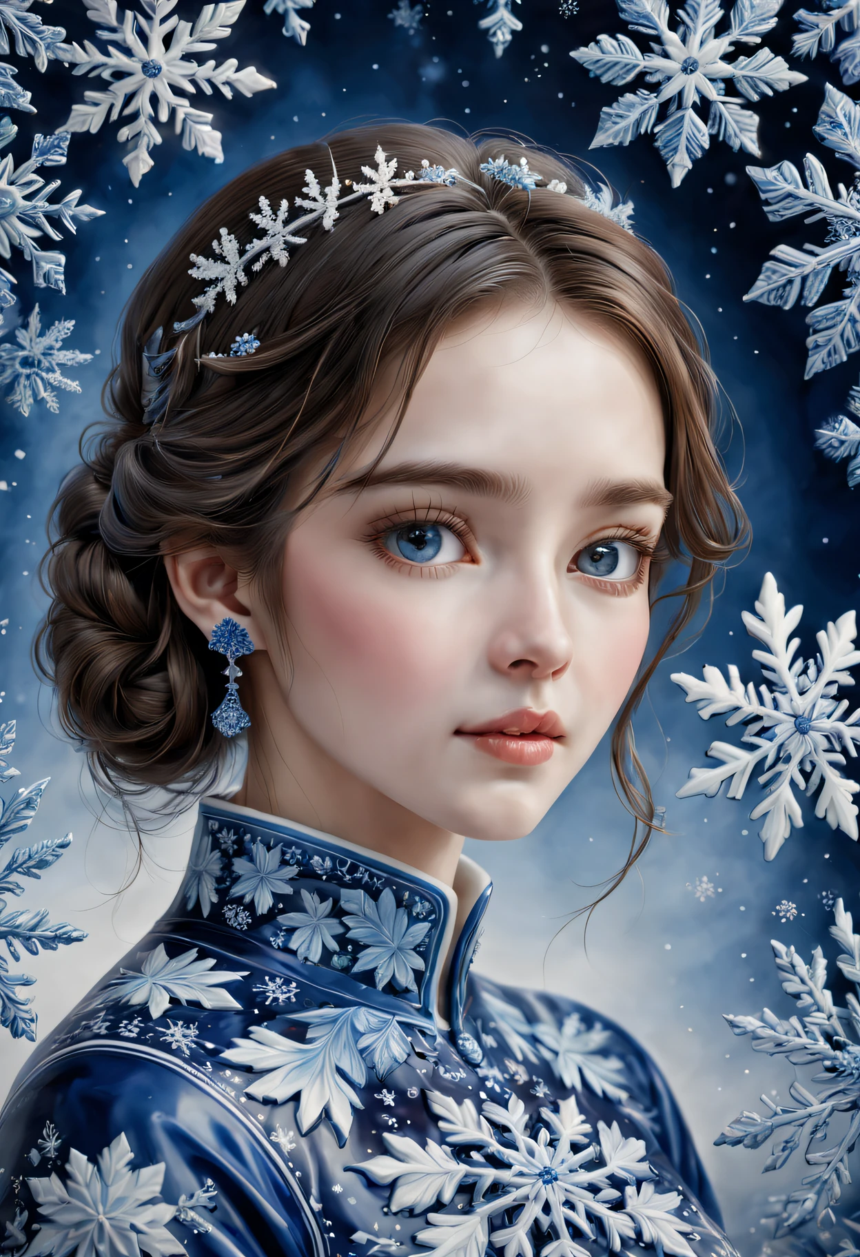 Best quality at best,4K,8K,A high resolution,tmasterpiece:1.2,ultra - detailed,actual:1.37,sportrait,Beautiful snowflake pattern,Blue and white porcelain, closeup cleavage, Sophisticated AND Intricate Details, Traditional craftsmanship, vivd colour, shiny glaze, fine brushwork, Refined artistry, with glossy finish, Studio lighting