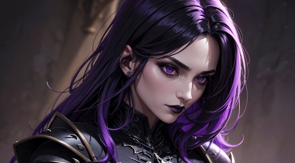 An adult vampire wizard character wearing a very detailed and beautiful gothic armor in black and purple color. Seu cabelo com corte em estilo curto, black lip color, cor roxa dos olhos;, manto, capuz, caminhando, 8k, Magnificent, Black and purple Gothic armor, capa