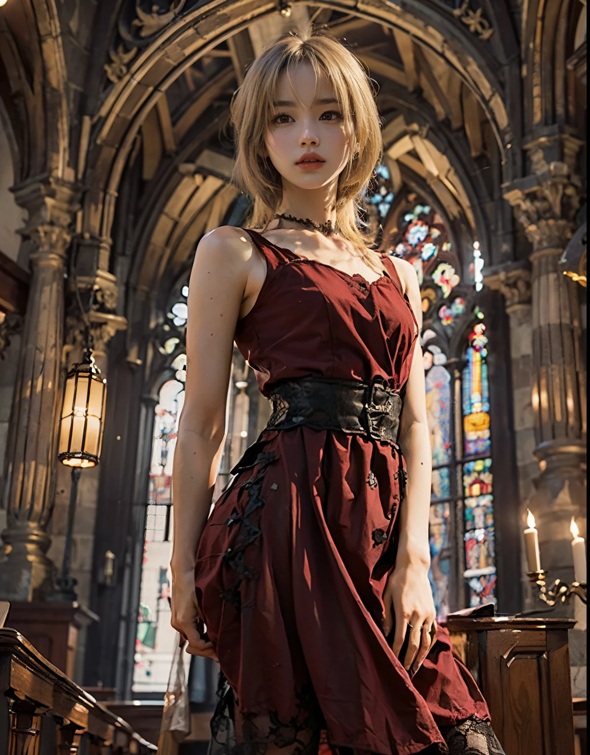 (top-quality), Realistic, (real picture, Intricate details, depth of fields), highly detailed, Detailed skin, (((gorgeous dark red dress:1.2, long, sleeveless, Lace))), (((Small chest:1.4))), (neat face, Parted lips, Looking forward, emwt), (Japanese college girl standing in a big church, open stance), (Long blonde hair:1.2, One-length hairstyles), Fair skin, stain glass, Hard lighting, low angle shot:1.2, full body shot