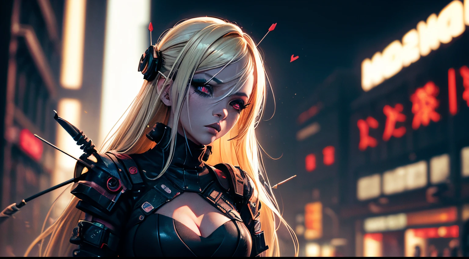 A beautiful and sweet cyberpunk blonde, a digital painting of a woman with Love Makeup with arrows, Heart-shaped makeup, cgsociety, gothic art, dystopian art, detailed painting, behance hd, figurative art, anime aesthetic, deep photography, Ilford HP5 film, crushed blacks, depth of field, dark photo, film grain, shadows, natural light