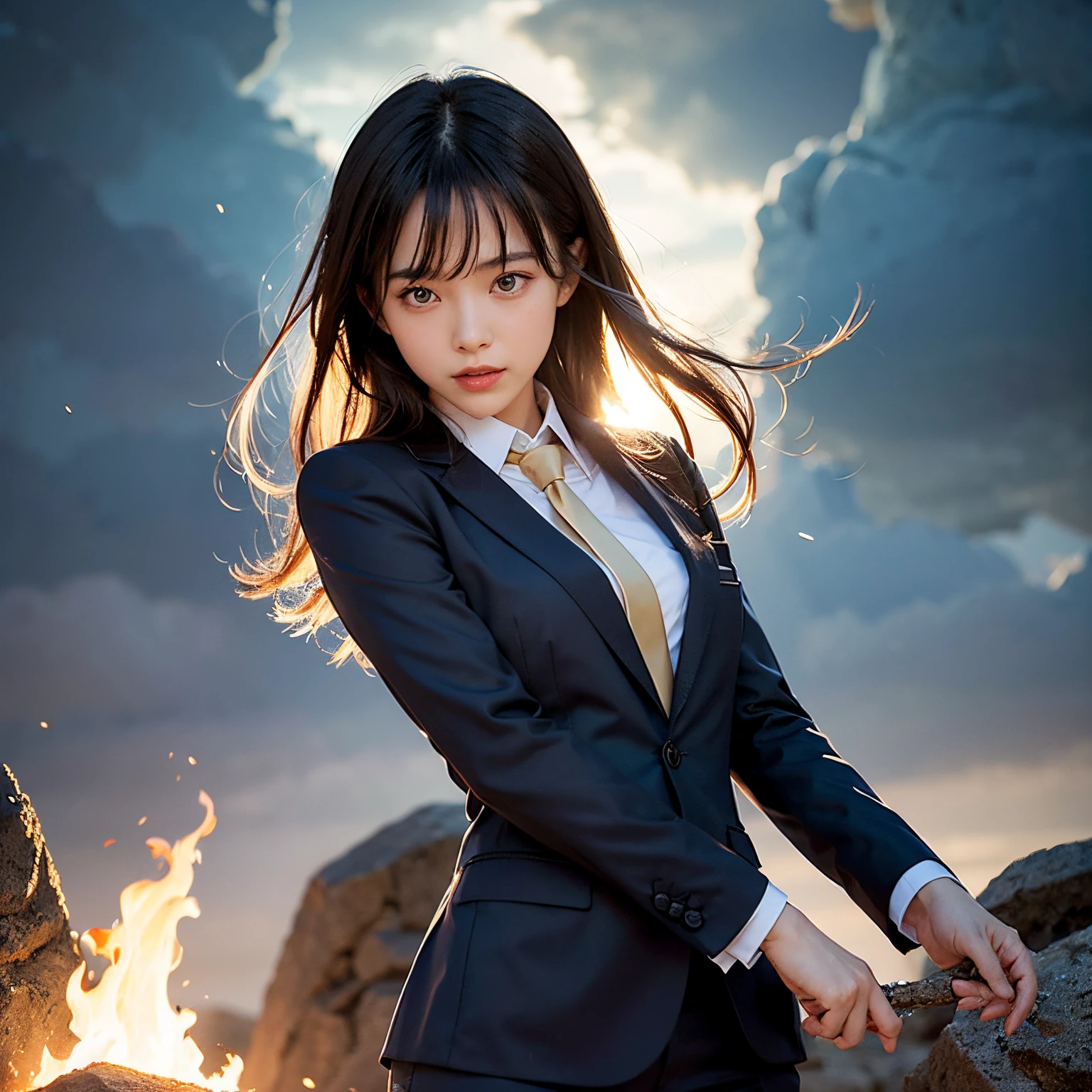 (masutepiece, Best Quality:1.2), 8K, Official art, Wearing a suit、Five Fingers、Full body photo, full body Esbian、swim wears、 Beautiful barefoot woman with dark hair floating in the air, hold a flame in your right hand、in his left hand he holds a lightning bolt、Bright lava light rises above the broken Earth from beneath the asteroid belt(Jagged rock rocks and fragments shot into the air:1.3) (Storm of windy dust debris:1.1) Volume fogmist by trace Z、It can allow bright light from below to pass through、 (​masterpiece) (top-quality) (detaileds) (8K) (电影灯光) (foco nítido) (Convoluted)A dark-haired、14years、small tits、A delightful、A smile、unbelievable Ridiculous, (Beautiful girl with upper body, Pretty Face, arching back down, Gold hair ornament on hair、Wearing a cute suit、close up, Wearing a suit, Short sleeve, gardenia, violaceaess, Teen, space system, Looking at Viewer, Film grain, chromatic abberation, Sharp Focus, face lights, Dynamic lighting, Cinematic lighting, Eyes and faces with detailed, Bokeh background, (Tie with Emma written on it、1 copy:1.2)