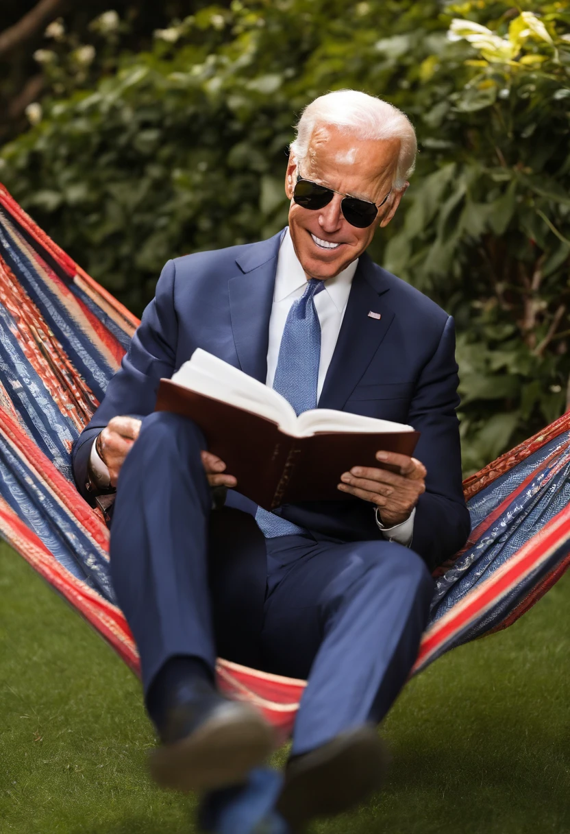A photo of Joe Biden peacefully reading a book in a cozy hammock amidst a lush garden,original, Joe Biden, the President of the United States, is typically seen in a suit and tie, often with a smile and aviator sunglasses, which have become somewhat of a trademark look for him. He has white hair, blue eyes, and is known for his friendly demeanor., male