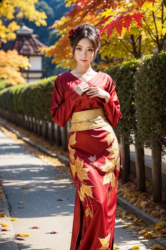 (masutepiece:1.3, Photorealsitic:1.4, 8K), top-quality, masterpiece, 超A high resolution, Perfect dynamic composition, Highly detailed skin and facial texture:1.3, A detailed eye, Detailed limbs, autumnal, Autumn leaves landscape at night:1.2, 1girl in, Cute sexy 25 year old slim woman, Fair skin, (Autumn leaves are dancing:1.2), ((Enraptured look:0.9, Totally captivates you:1.0)), (red long-sleeved furisode:1.3), ((voluptuous breasts:1.05)), (Facing the front, randome pose), (Beautiful blue eyes, Eyes that feel beautiful eros:0.85), Sexy face:0.4, (A mouthfeel that feels beautiful eros:0.85), ((Too cute beauty:0.9))