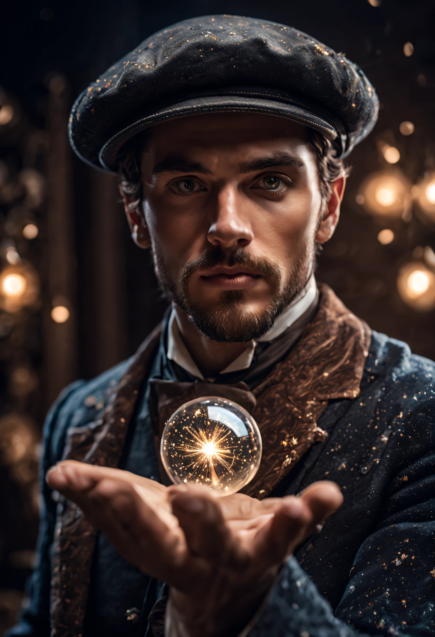 young male wizard holding a mini galaxy in his hand, mini stars circling around him, wearing flat cap, victorian era fashion, wide angle shot, full body, detailed, perfect face, detailed pupils, perfect anatomy, sharp focus, insanely detailed, realistic, detailed, sharp, fine and precise, delicate lines, complex cinematography, sharp focus, dynamic posture, highly detailed, high quality, detailed face, detailed eyes, insanely detailed, 32k, studio cinematic lighting, crisp focus, graininess, feeling of passion, ideal body proportions