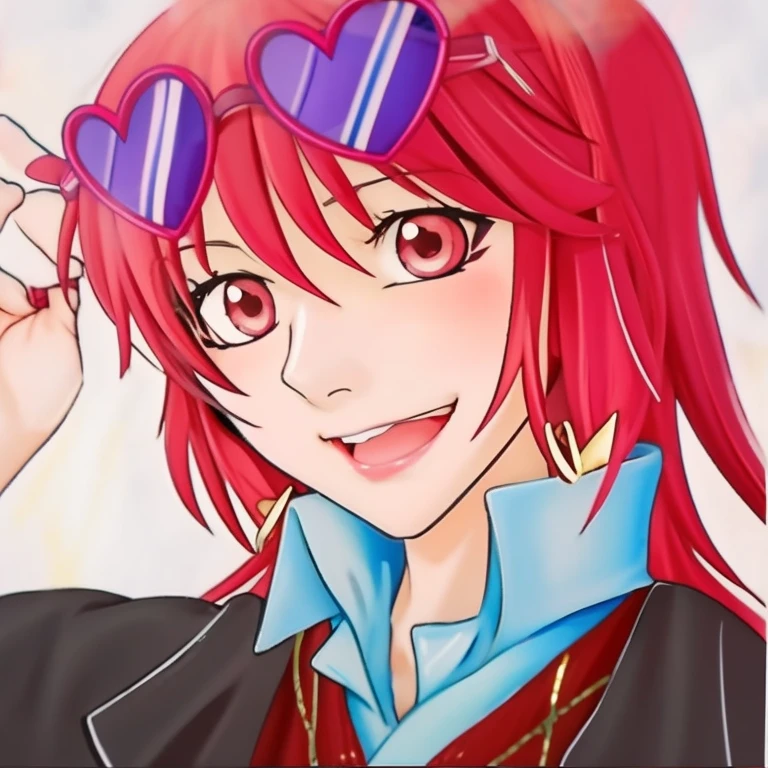 Anime girl with red hair and heart-shaped glasses on her head, Rias Gremory, [[[[grinning evily]]]], In anime style, In an anime style, ( ( ( yoshinari yoh ) ) ), with red hair, made with anime painter studio, Rei Hiroe, anime style character, anime styled」