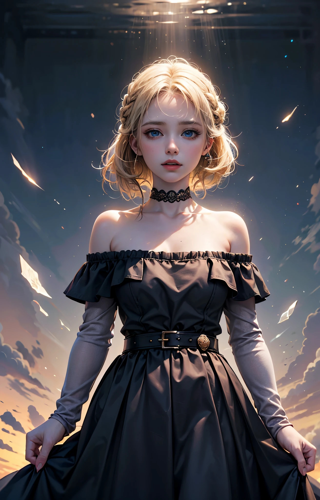 (​masterpiece),(top-quality:1.2),1girl in,(masuter piece:1.3),exquisitedetails, Highest quality 8K resolution, Ultra-detailed, Realistic, Vibrant colors, Soft tones, With warm and gentle lighting,(Black Off-Shoulder Knit:1.3),(Long skirt in green,) (short twin-tailed blonde hair:1.3),(Hair parted in the middle:1.3),(Glowing hair),(Dark blue eyes:1.3),White skin, hair clips,i&#39;Ever since I was a child, I was always looking at distant scenery., and I can still see the color.tome&#39;displayed on a pure white wall.i&#39;i&#39;I&#39;ll take you away with the cool breeze.very sweet honey.Let&#39;Grasp the never-ending dream with both hands and start running.. i&#39;i&#39;i&#39;I&#39;m a little crazy on the road、the i&#39;M-Input, Waiting for&#39; Always for the sunrise, Anytime(Or my dream)
I want to melt into your sweetness, Sweet smile.fate grabs me.tome&#39;I'm in a daze, But it looks casual.That place is calling.