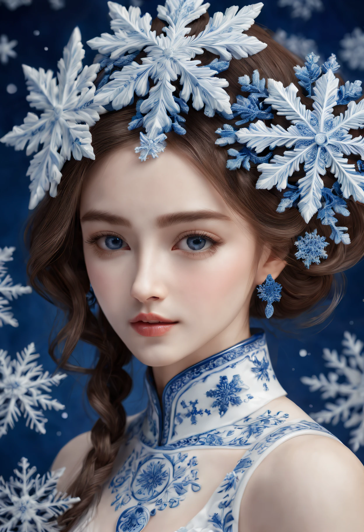 Best quality at best,4K,8K,A high resolution,tmasterpiece:1.2,ultra - detailed,actual:1.37,sportrait,Beautiful snowflake pattern,Blue and white porcelain, closeup cleavage, Sophisticated AND Intricate Details, Traditional craftsmanship, vivd colour, shiny glaze, fine brushwork, Refined artistry, with glossy finish, Studio lighting